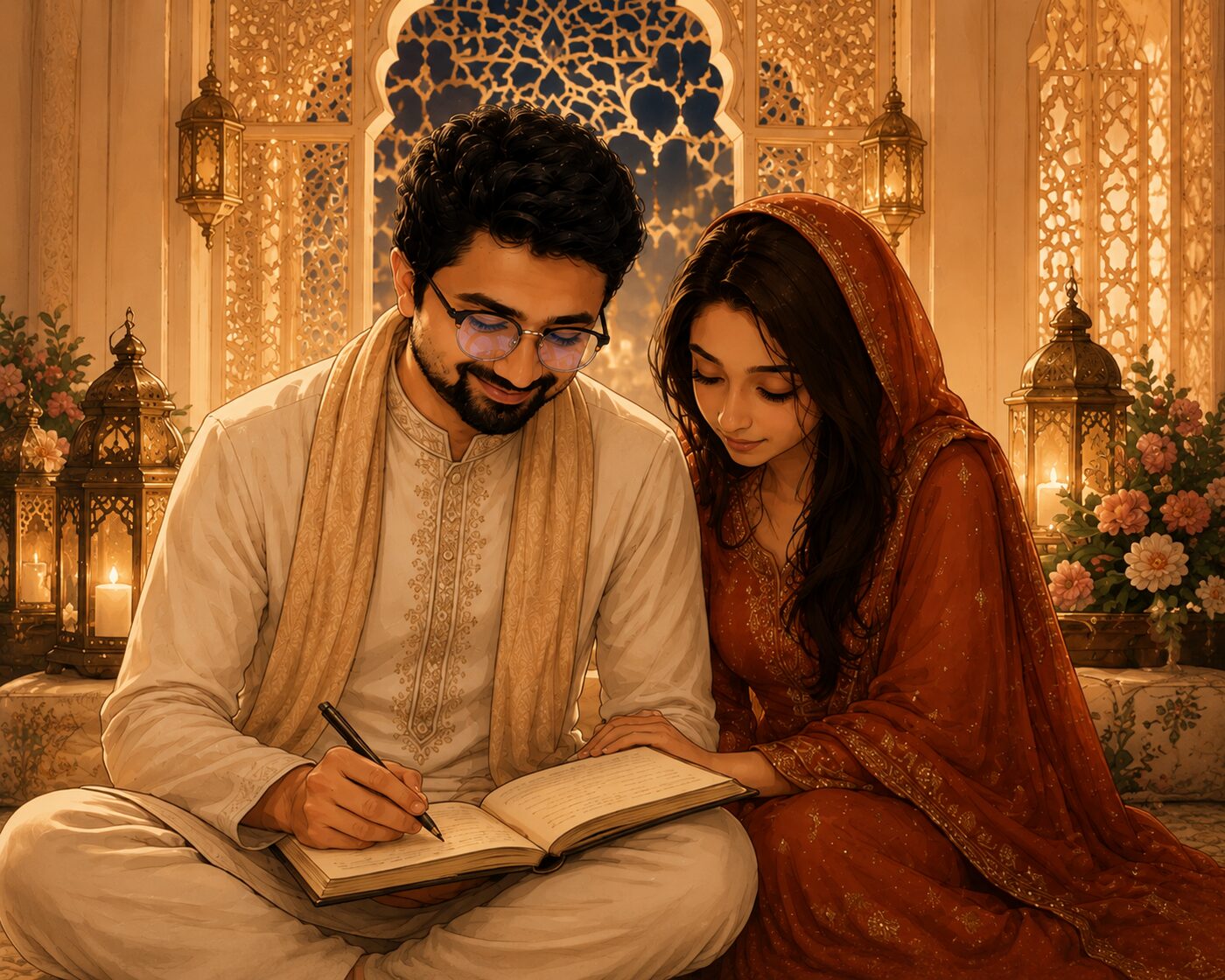 Illustration of the couple signing the nikahnama, surrounded by candles and lanterns.